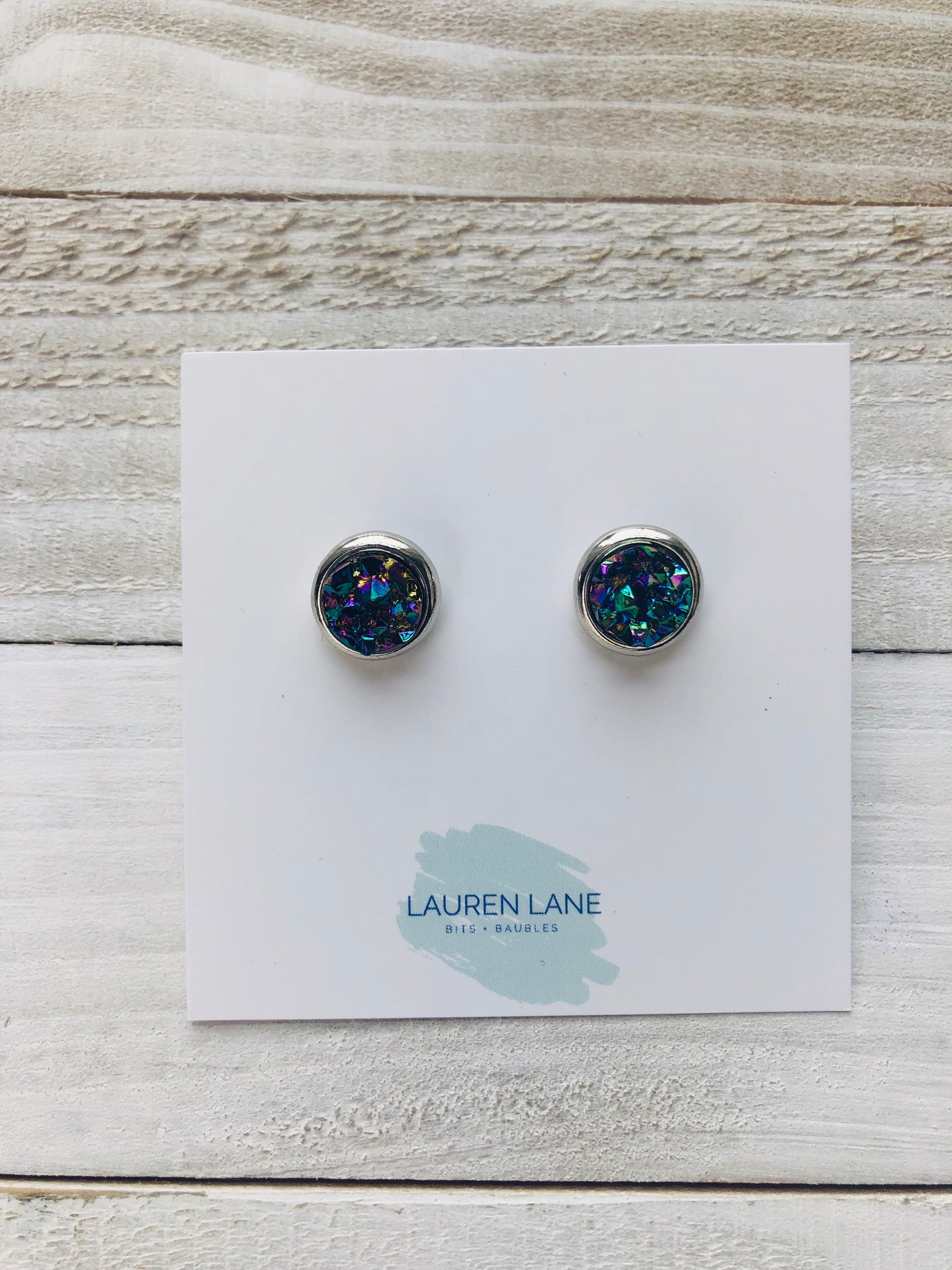 Raw Cut Shimmer Druzy Stud Earrings in Silver Settings