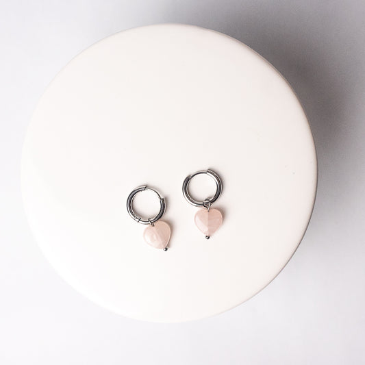 Pink Stone Heart Huggie Earrings in Silver