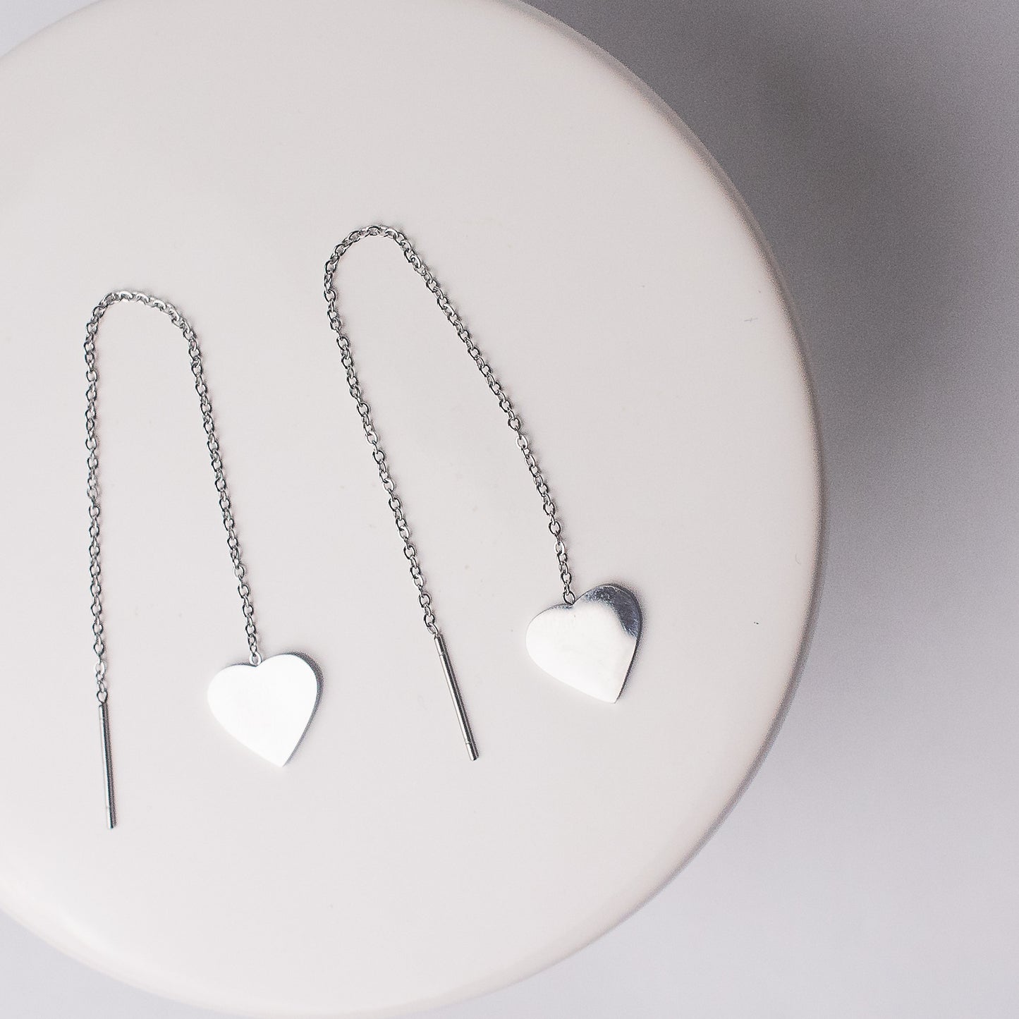 Heart Threader Dangle Earrings in Silver