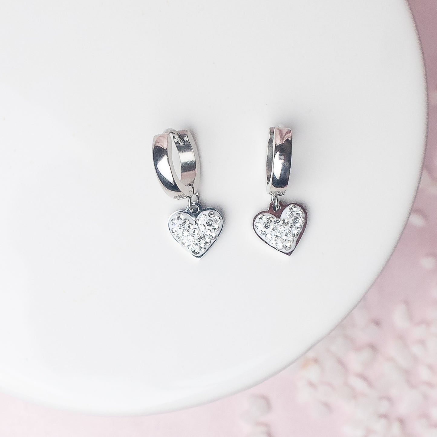 Pave Rhinestone Heart Dangle Huggie Earrings in Silver