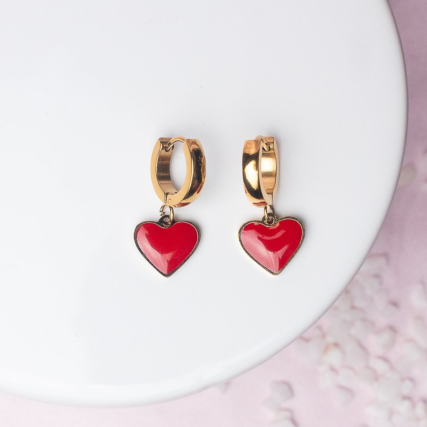 Red  Heart Dangle Huggie Earrings in Gold