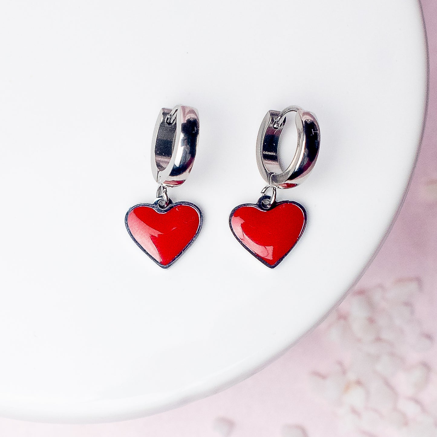 Red Heart Dangle Huggie Earrings in Silver