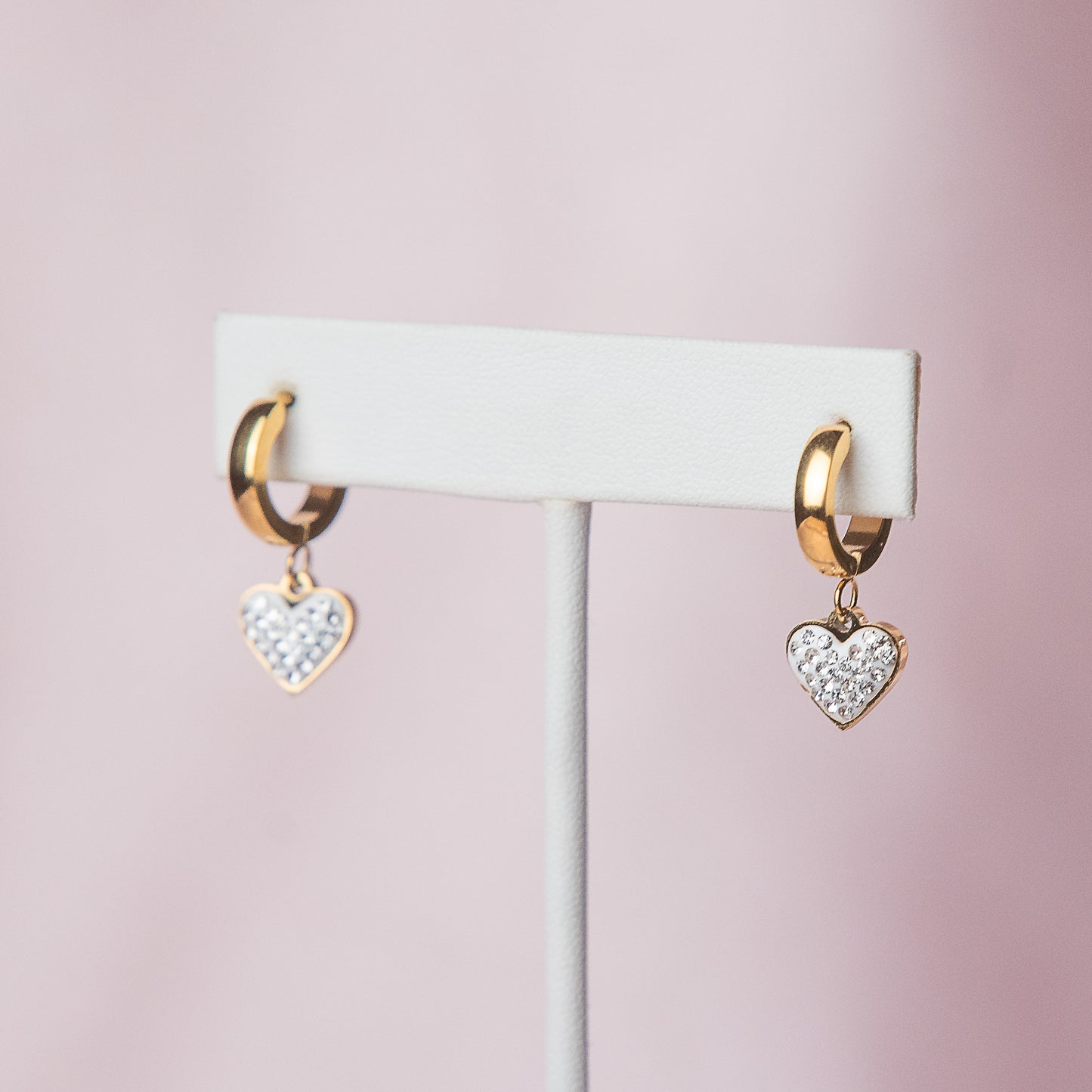 Pave Rhinestone Heart Dangle Huggie Earrings in Gold