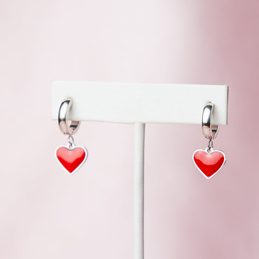 Red Heart Dangle Huggie Earrings in Silver