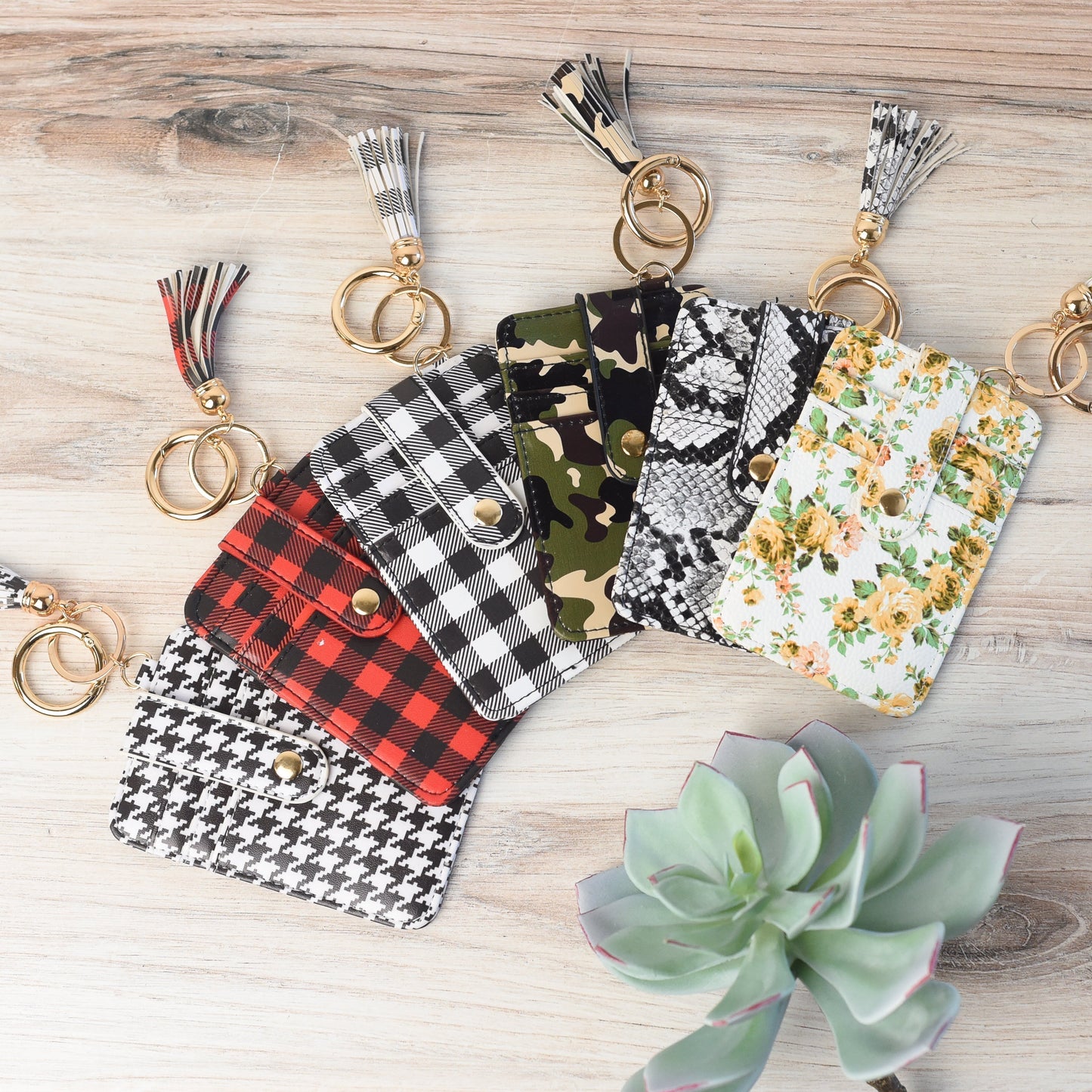 Candace Keychain Card Wallet-Black and White Buffalo Plaid