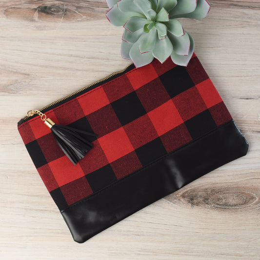 Red and Black Buffalo Check Zip Clutch