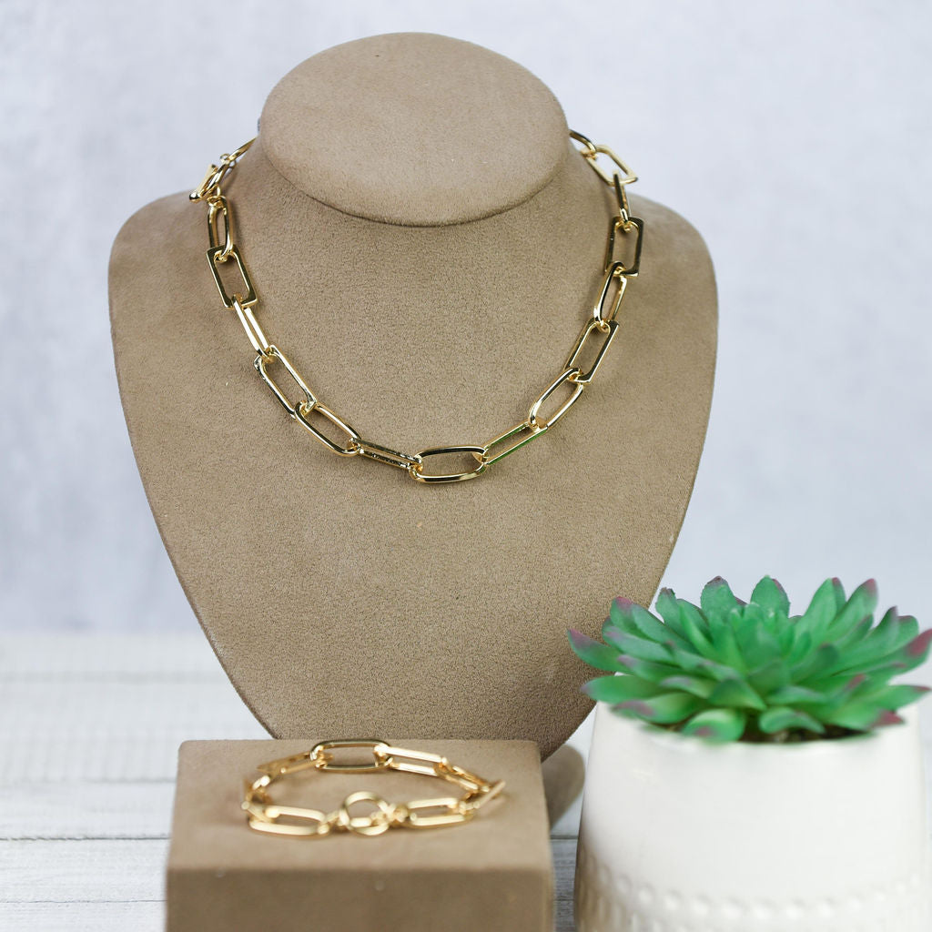 Serena Link Necklace and Bangle Bracelet with Toggle Closure In Gold or Silver