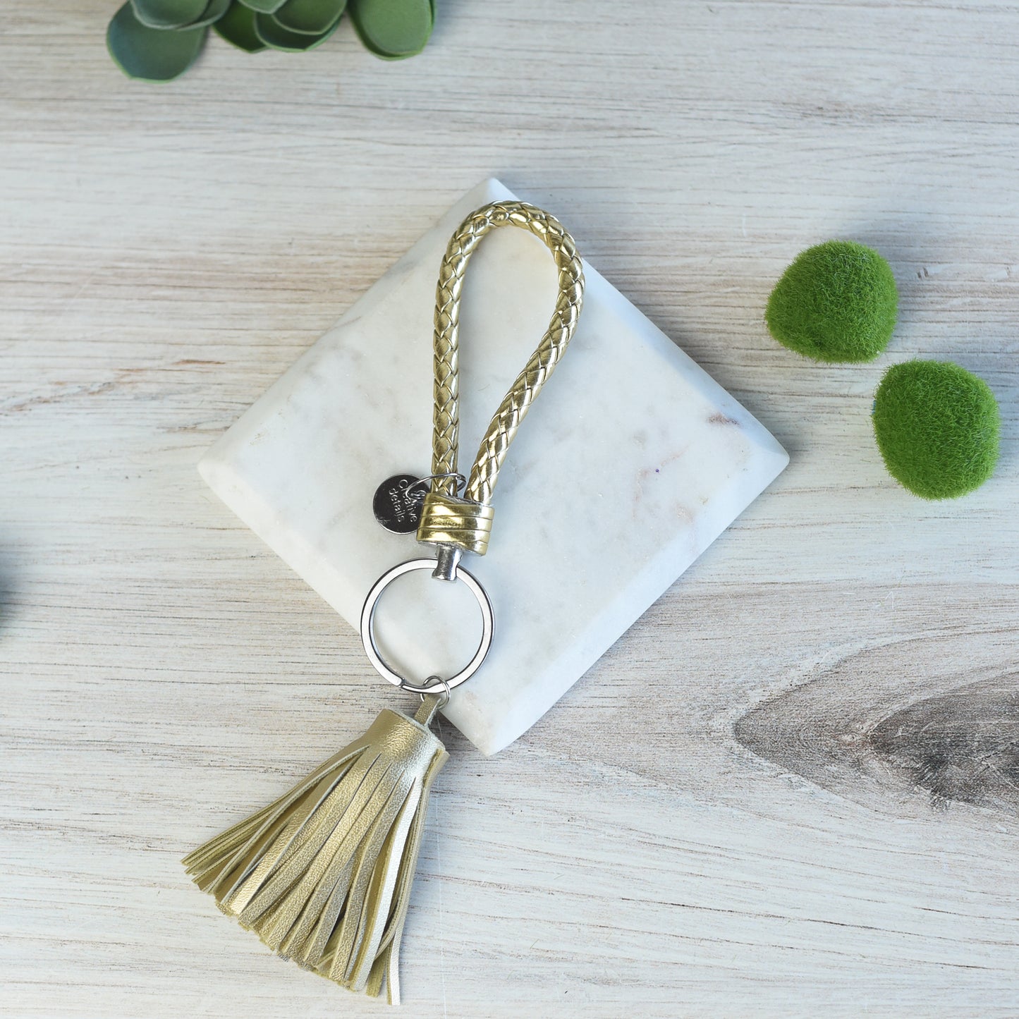 Braided Faux Leather Keychain with Tassel