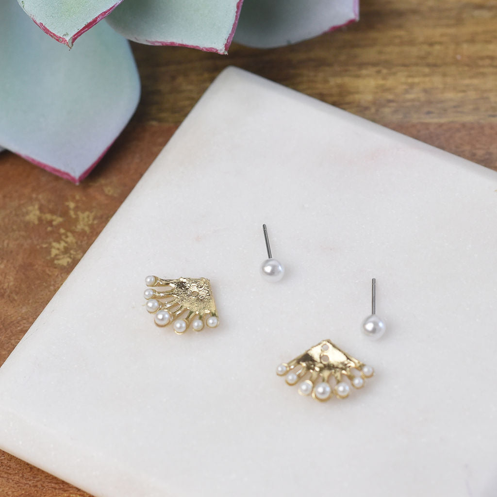 Gold and Pearl Jacket Convertible Stud Earrings
