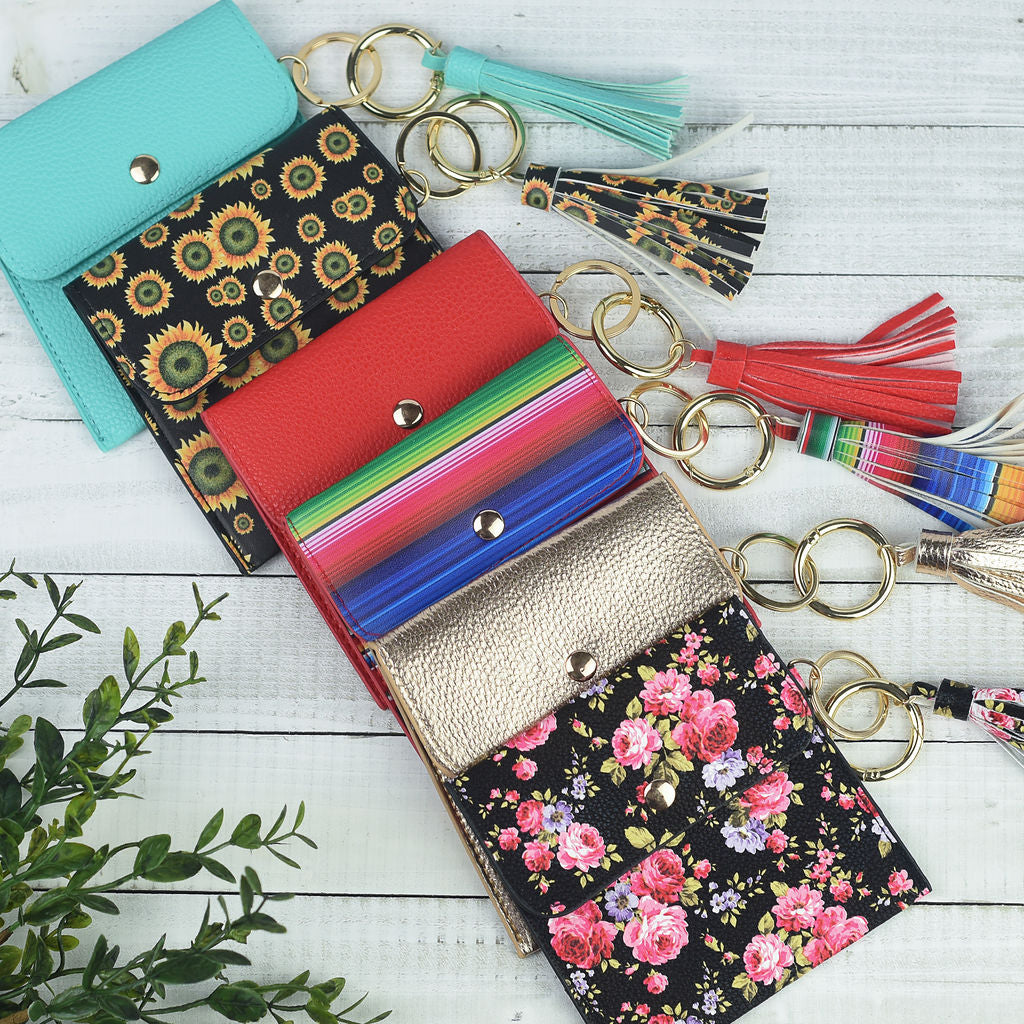 Ella Pouch and Keyring with Tassel-Black Pink Floral