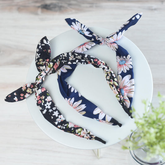 SET Rabbit Ear Headbands: Set of 2-Dark Flowers/Navy Daisy