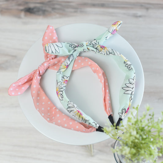 Rabbit Ear Headbands: Set of 2-Peach Dot/Aqua Floral