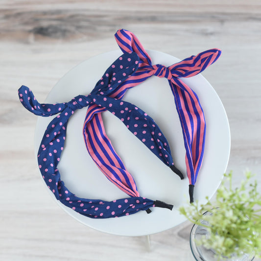 Rabbit Ear Headbands: Set of 2-Navy Dot/ Hot Pink Stripe
