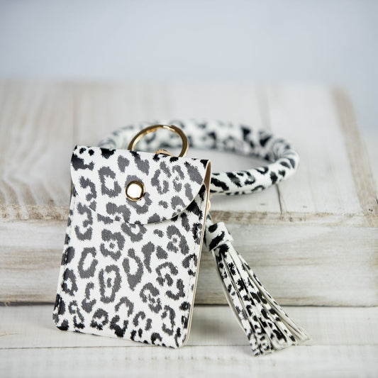 Ashley Hands Free Bangle Keychain with Card Pouch-White Leopard