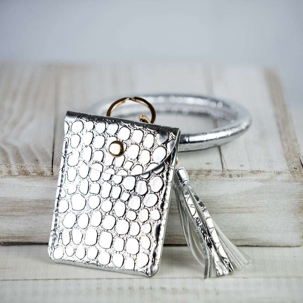 Ashley Hands Free Bangle Keychain with Card Pouch-Silver Patent Croc