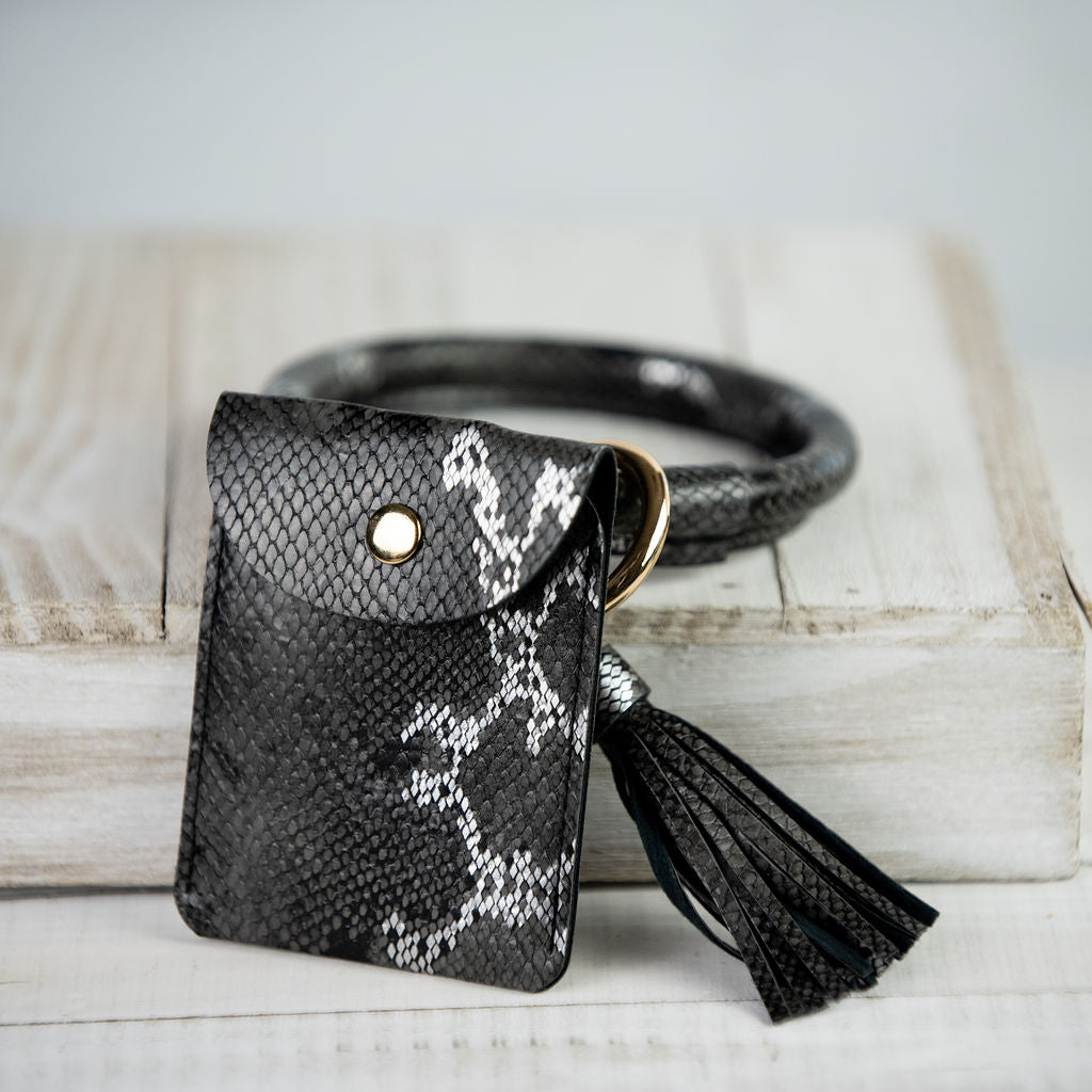 Ashley Hands Free Bangle Keychain with Card Pouch--Black Snake