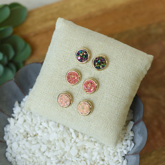 Raw Cut Shimmer Druzy Stud Earrings in Gold Settings