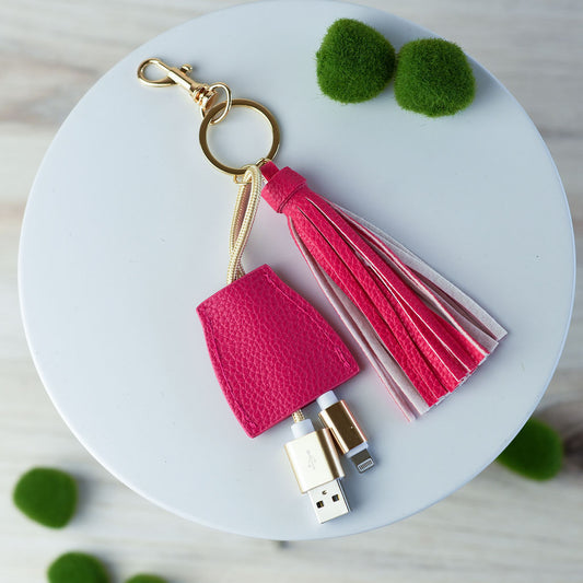 Tory Tassel Keychain with Phone Charging Cable-Hot Pink
