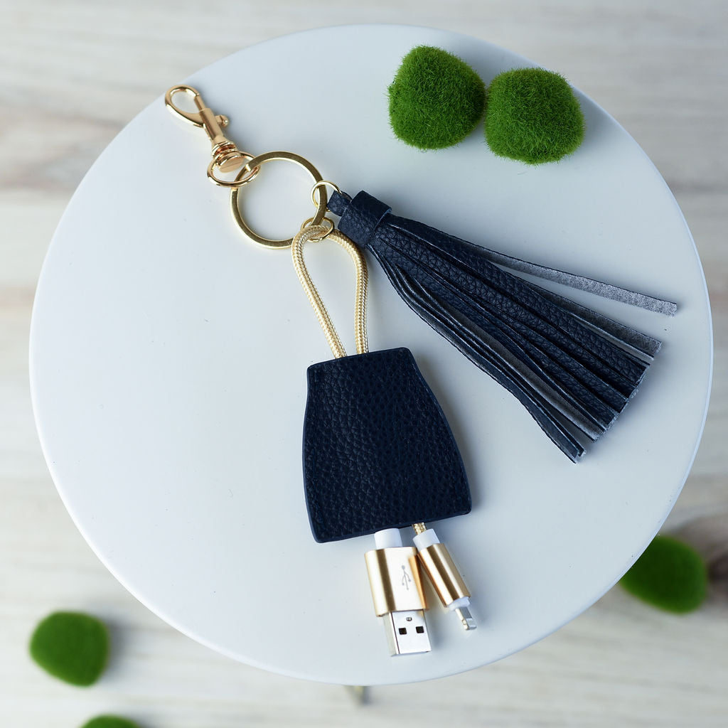 Tory Tassel Keychain with Phone Charging Cable-Navy Blue