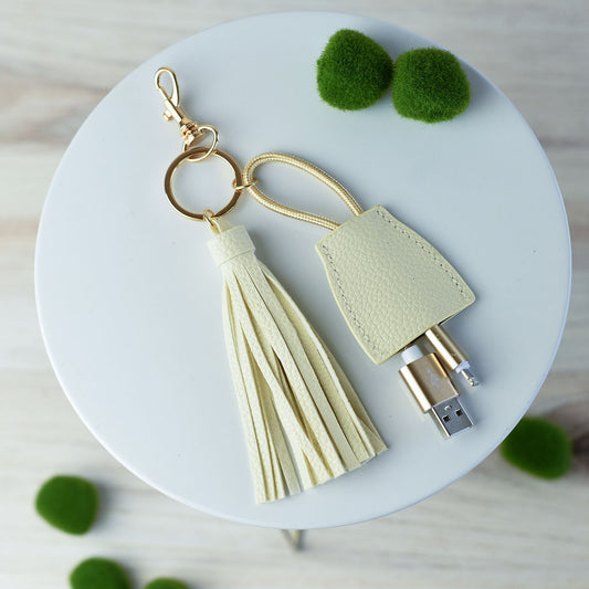 Tory Tassel Keychain with Phone Charging Cable-Ivory