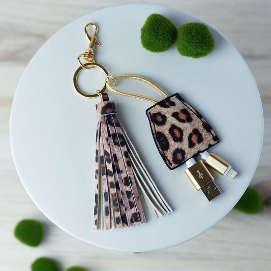 Tory Tassel Keychain with Phone Charging Cable-Brown Leopard