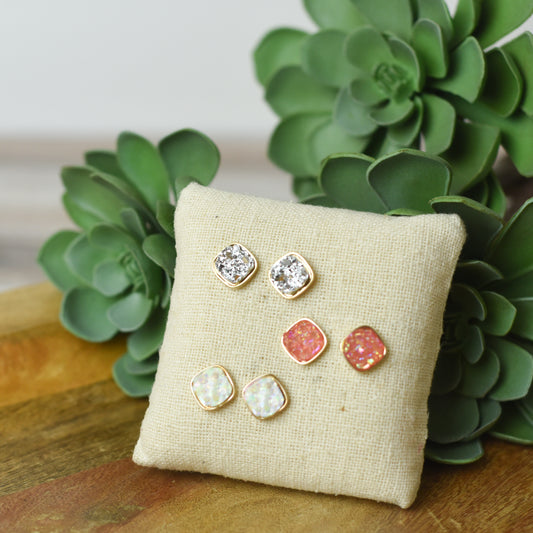 Raw Square Cut Shimmer Druzy Stud Earrings