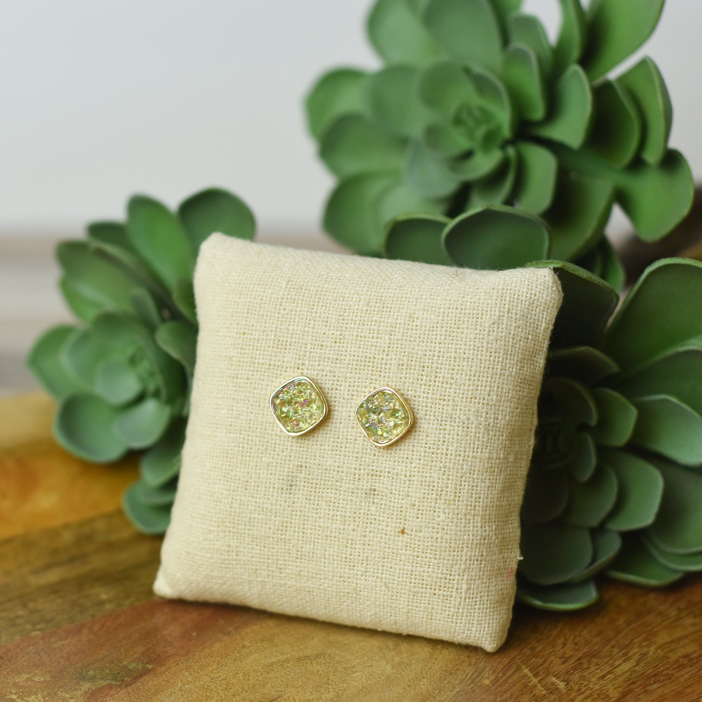 Raw Square Cut Shimmer Druzy Stud Earrings