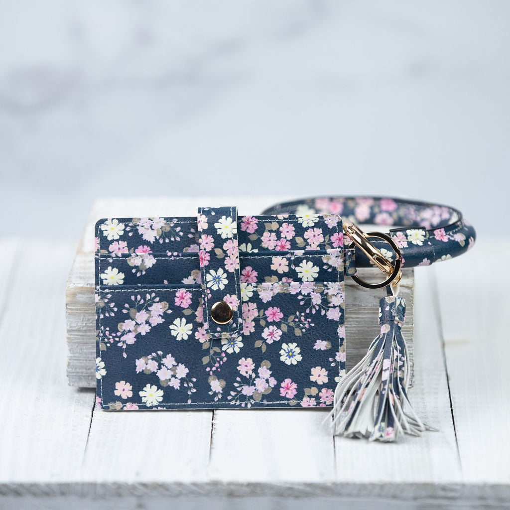Bridgette Hands Free Bangle Keychain with Card Wallet-Blue Floral