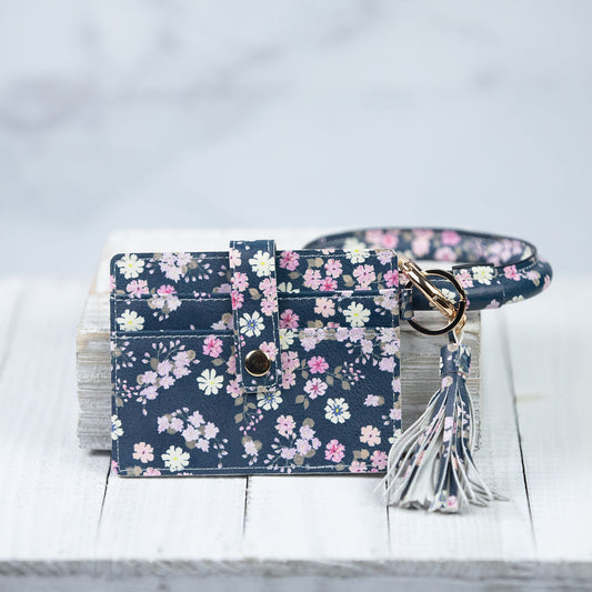 Bridgette Hands Free Bangle Keychain with Card Wallet-Blue Floral