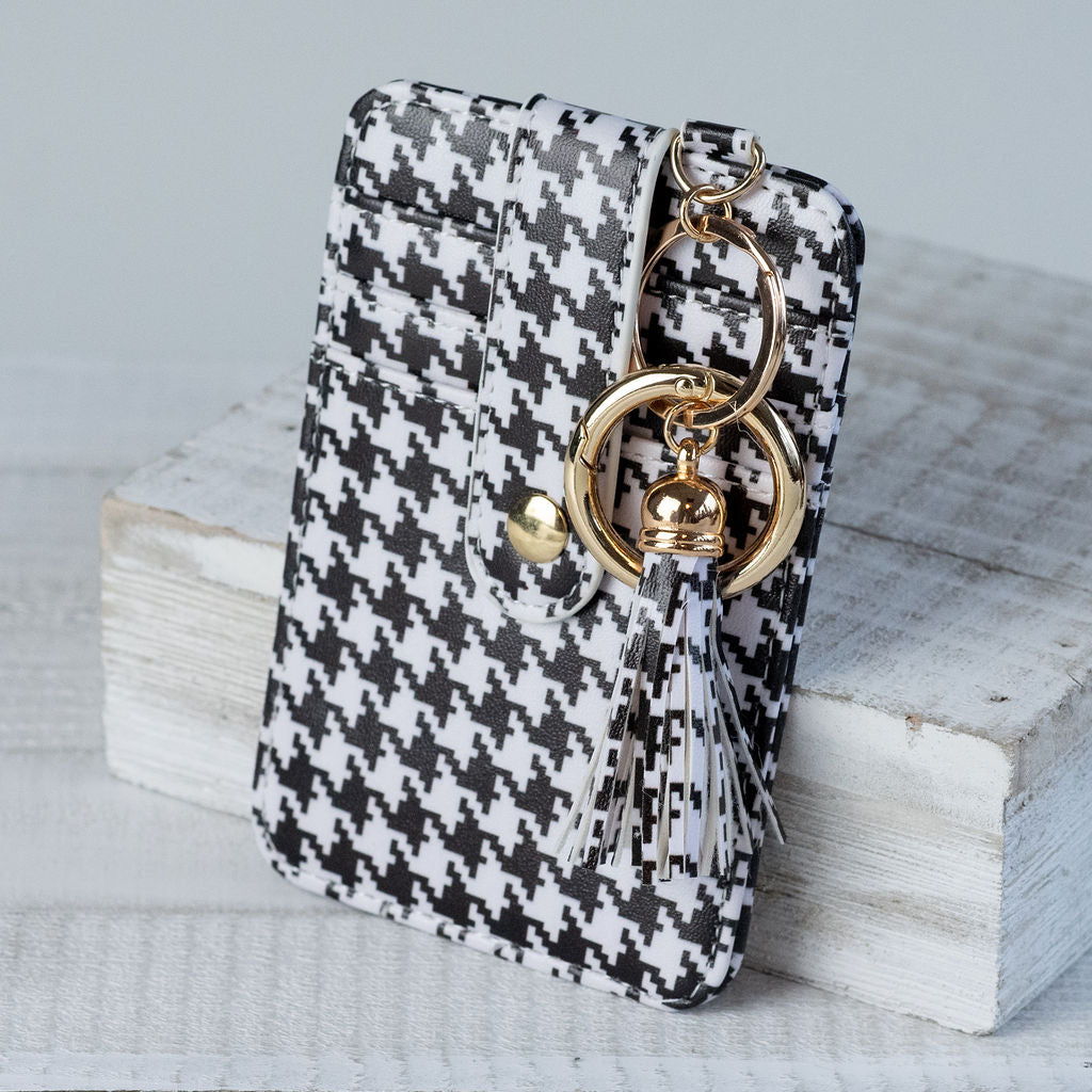 Candace Keychain Card Wallet-Black and White Houndstooth