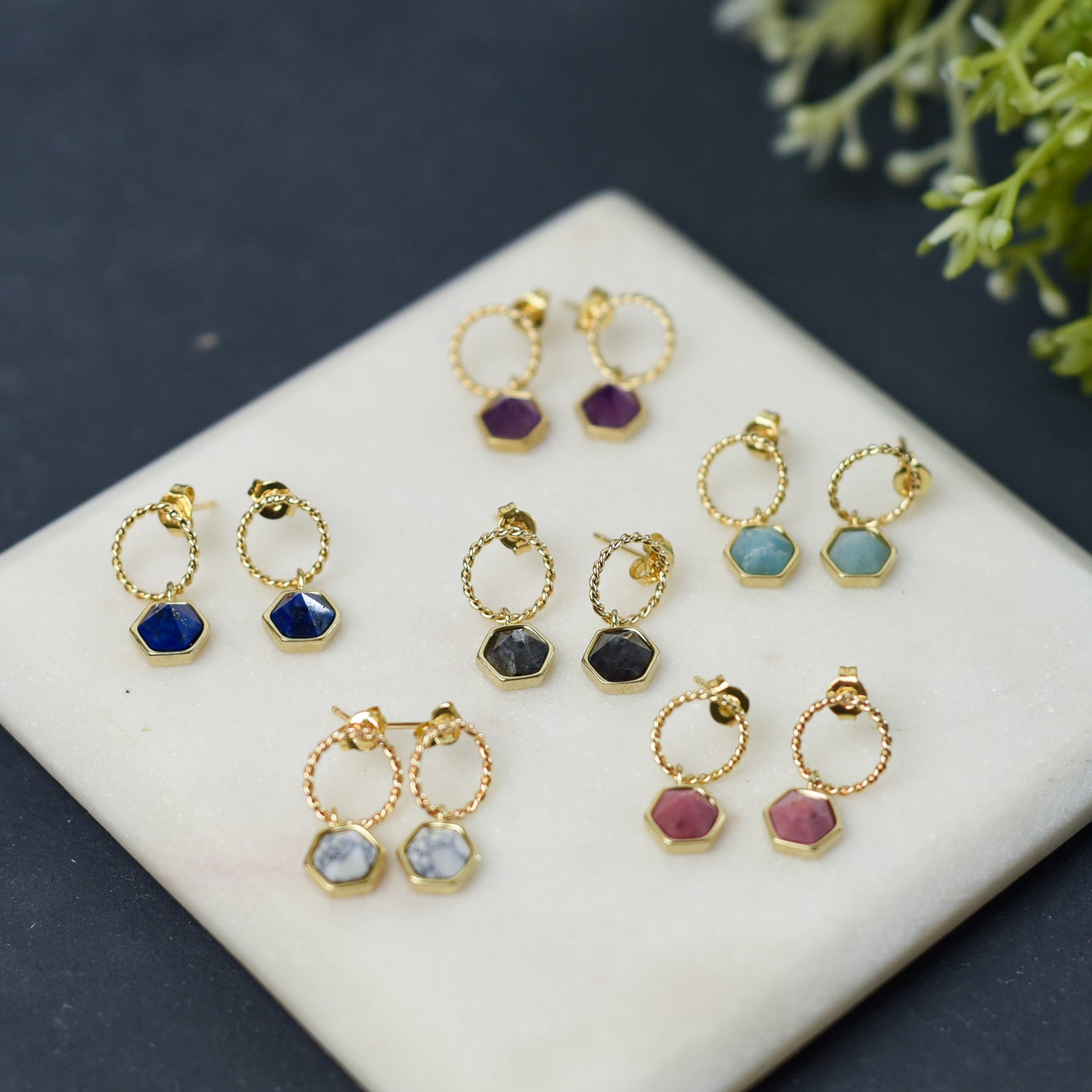 Olivia Circle and Gemstone Drop Earrings