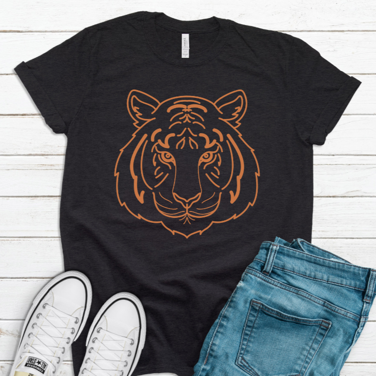 Orange Tiger Face T-Shirt on Heathered Black
